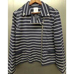Roz & Ali Jacket Women XL Blue Striped Side Zip Lined Stretch Nautical Coat Top